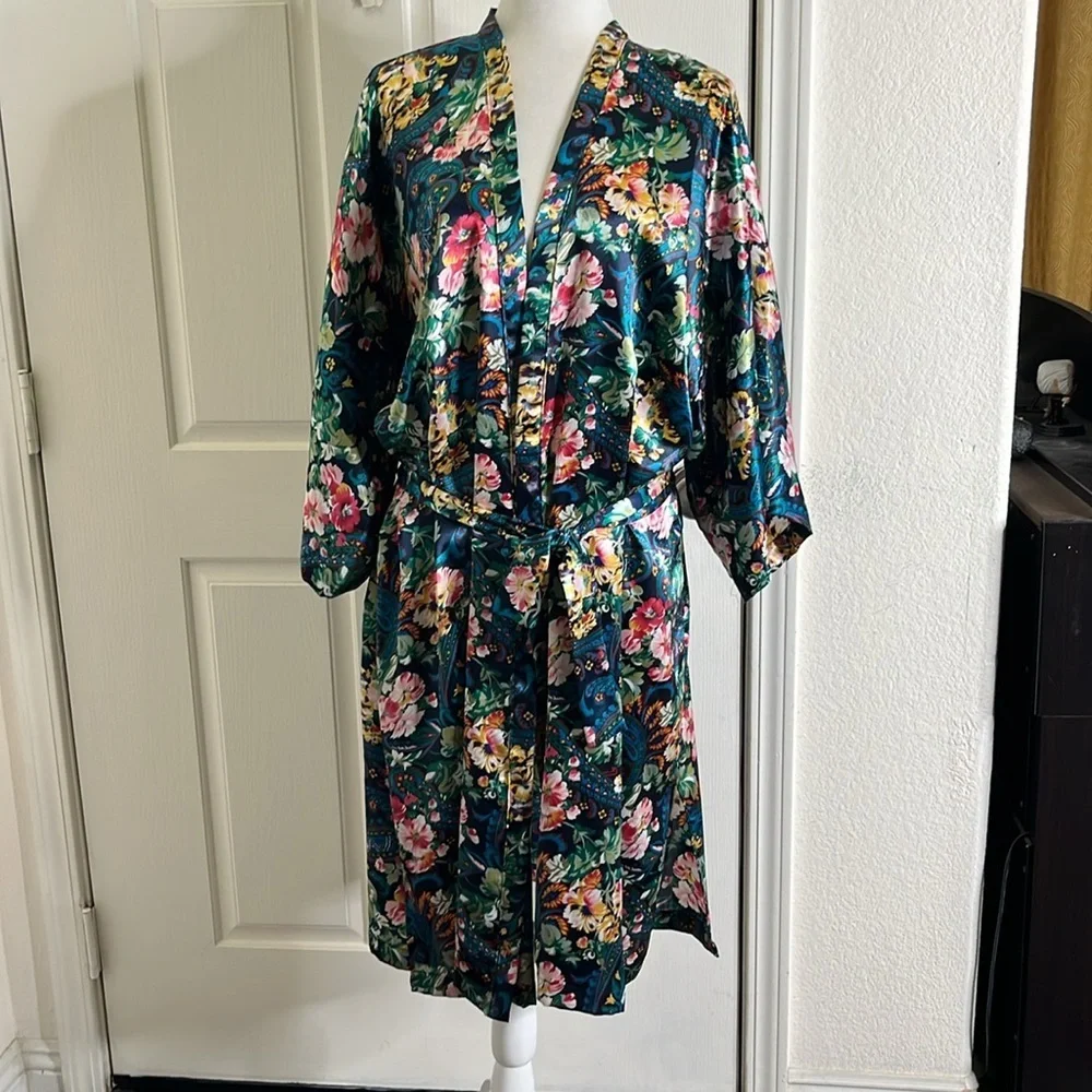 Vintage Victoria's Secret Gold Label Robe Kimono Floral Paisley Silky Satin OSFA